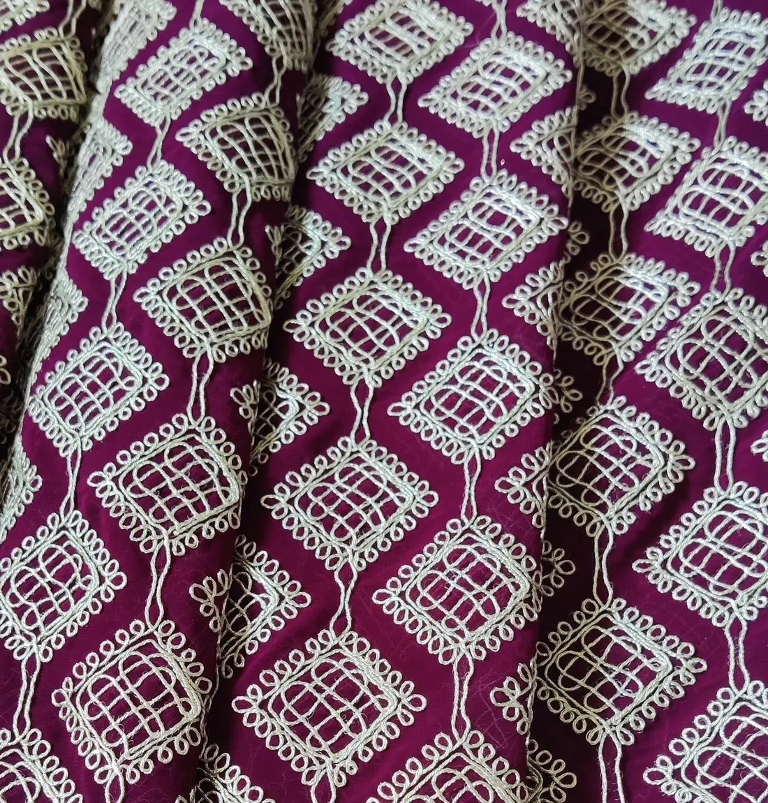 Wine Geometric Heavy Dori Embroidered Georgette Fabric (Wholesale)