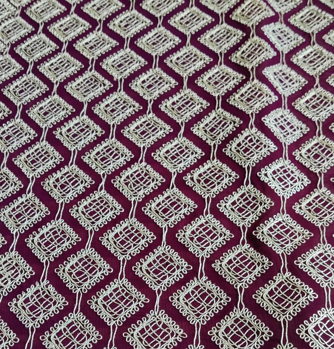 Wine Geometric Heavy Dori Embroidered Georgette Fabric (Wholesale)