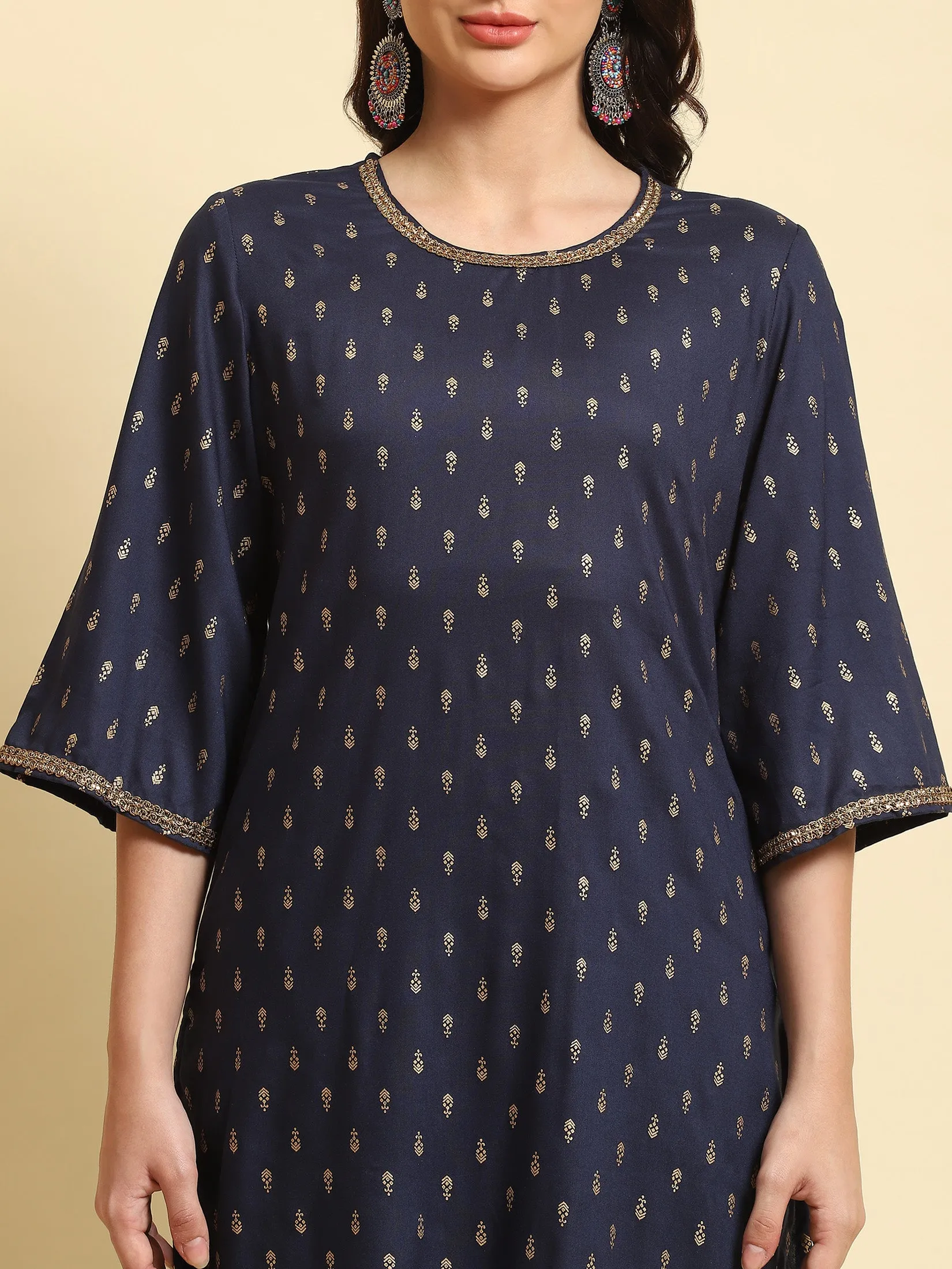 Women Navy Blue Floral Printed Kurta Sharara Dupatta