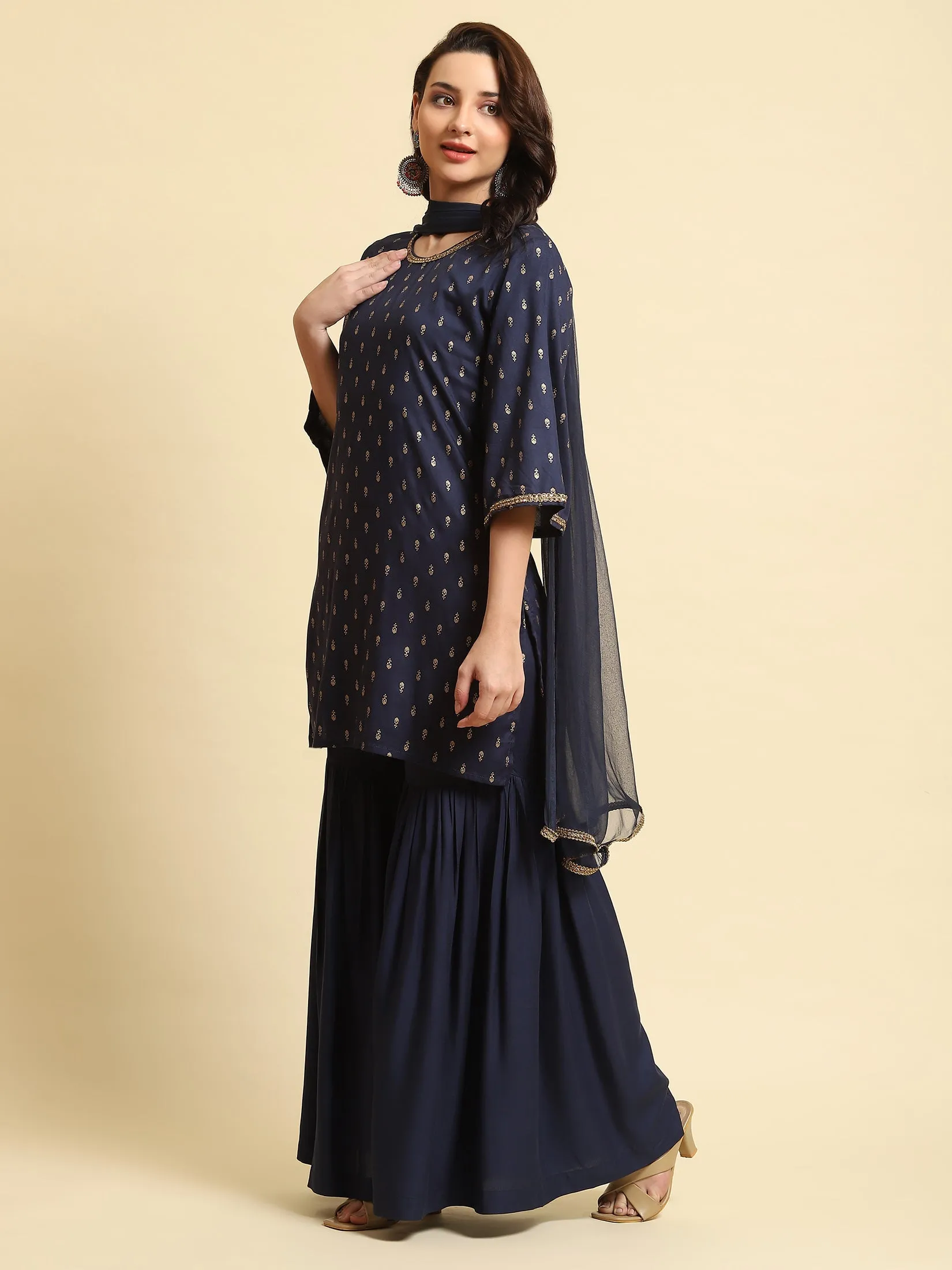 Women Navy Blue Floral Printed Kurta Sharara Dupatta