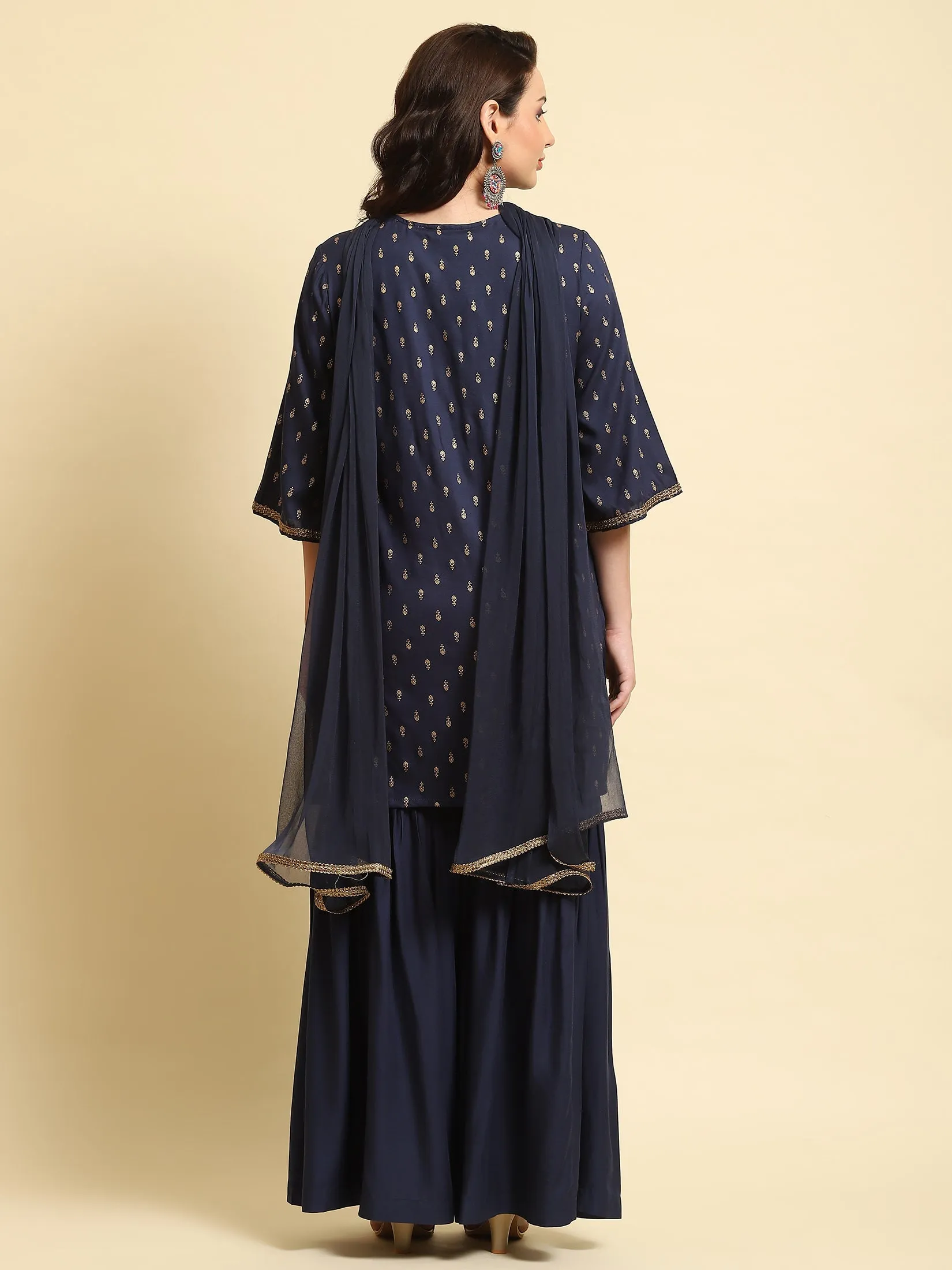 Women Navy Blue Floral Printed Kurta Sharara Dupatta