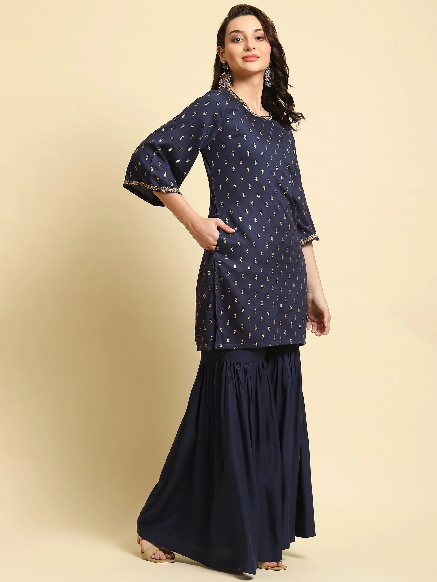 Women Navy Blue Floral Printed Kurta Sharara Dupatta