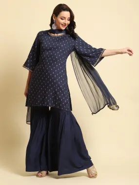 Women Navy Blue Floral Printed Kurta Sharara Dupatta