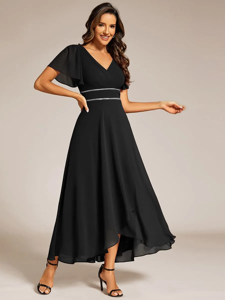 Yolanda | Double V-Neck Waist Trimmed Chiffon Formal Evening Dress