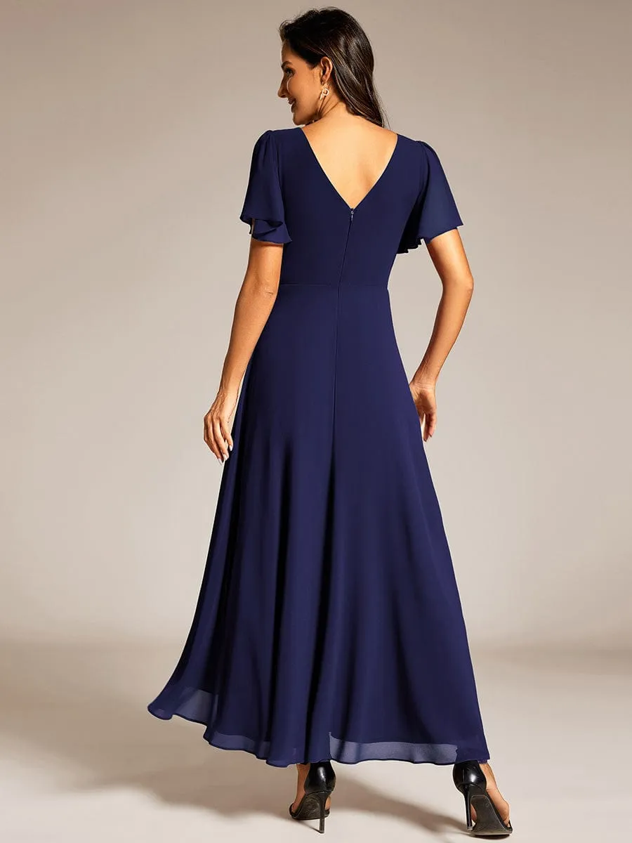 Yolanda | Double V-Neck Waist Trimmed Chiffon Formal Evening Dress