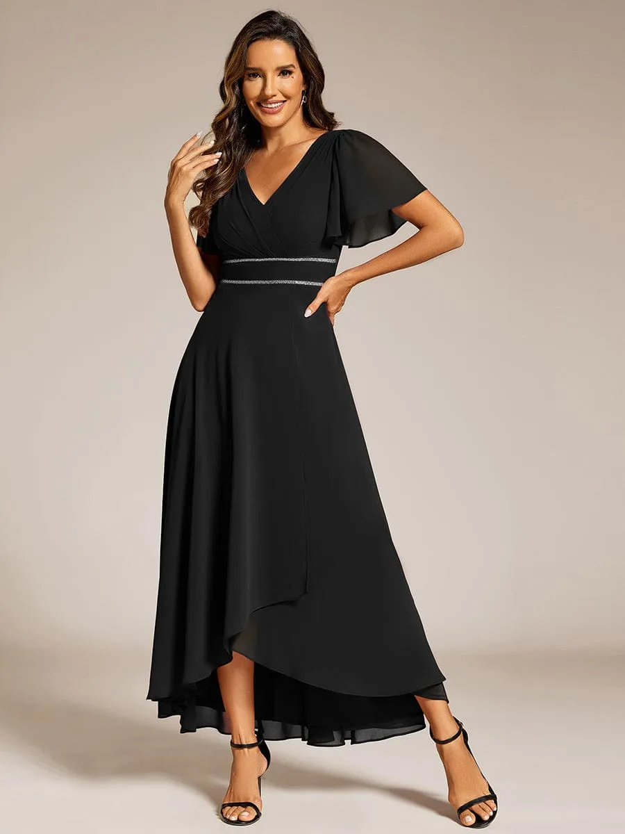 Yolanda | Double V-Neck Waist Trimmed Chiffon Formal Evening Dress