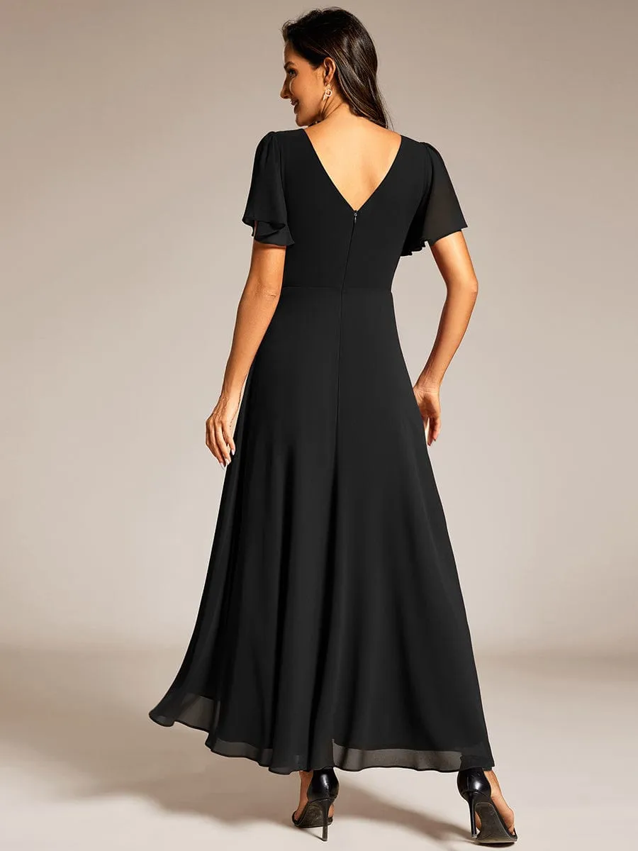 Yolanda | Double V-Neck Waist Trimmed Chiffon Formal Evening Dress