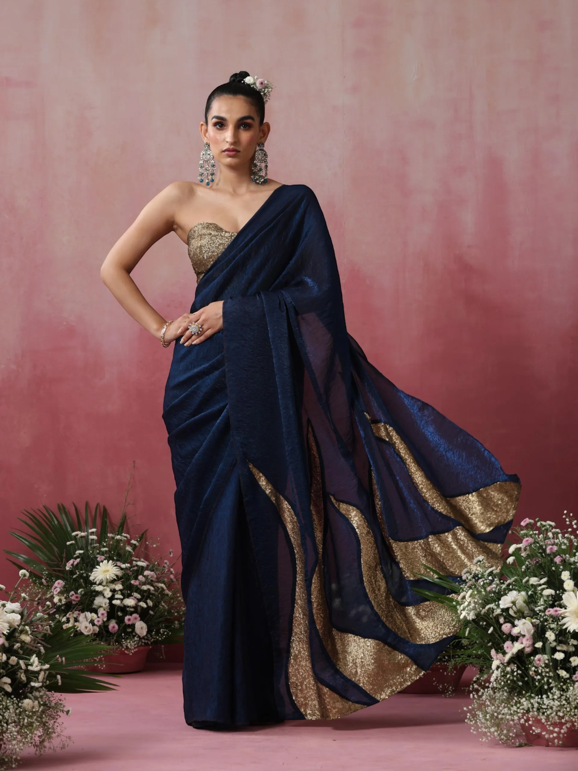 Zircon Blue Fire Metallic Crushed Satin Saree