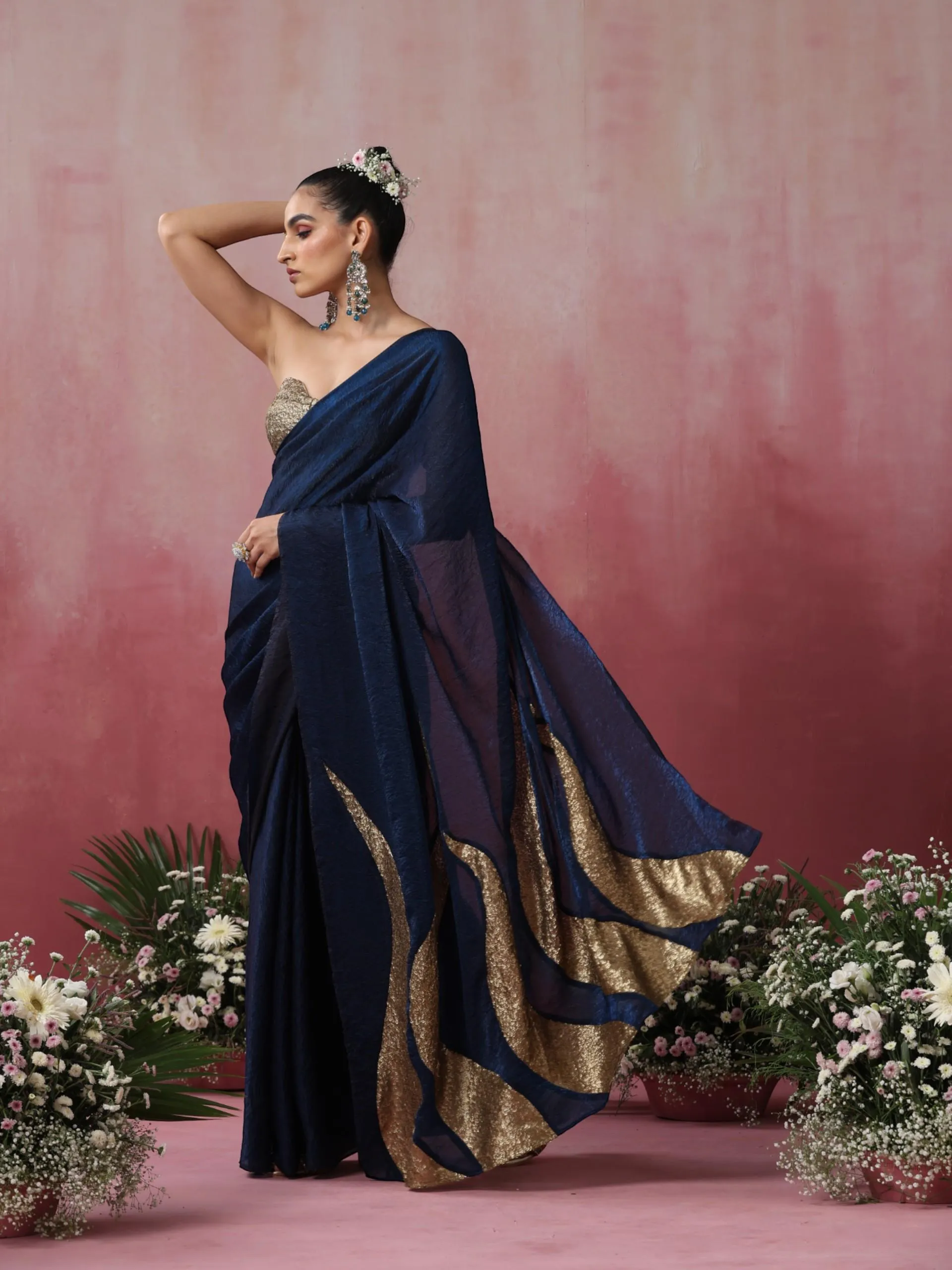 Zircon Blue Fire Metallic Crushed Satin Saree