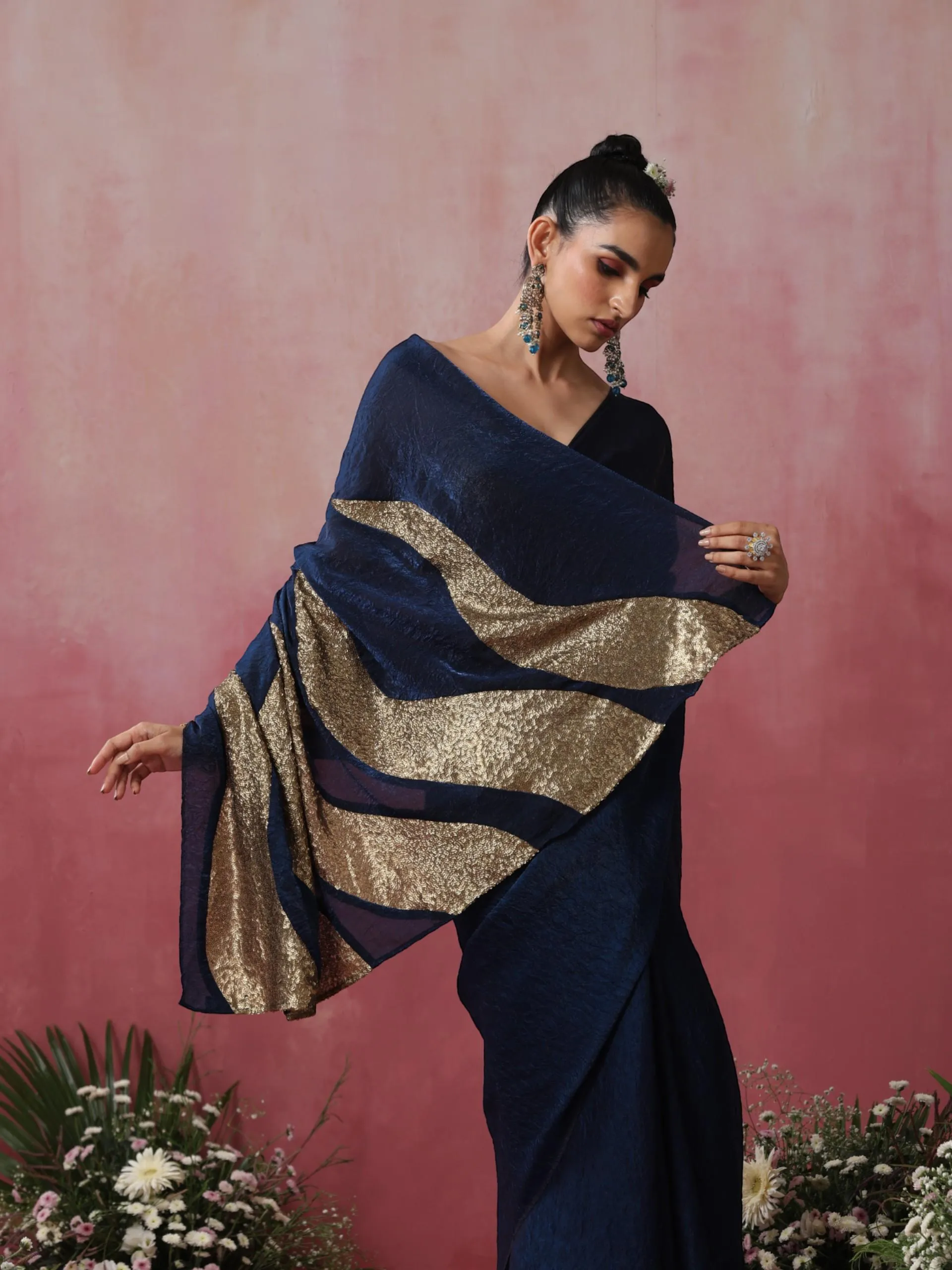 Zircon Blue Fire Metallic Crushed Satin Saree