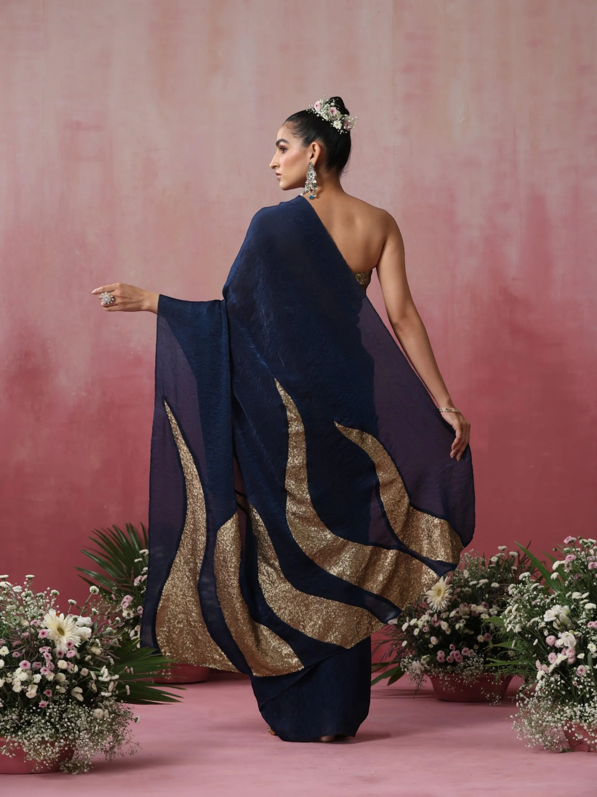 Zircon Blue Fire Metallic Crushed Satin Saree